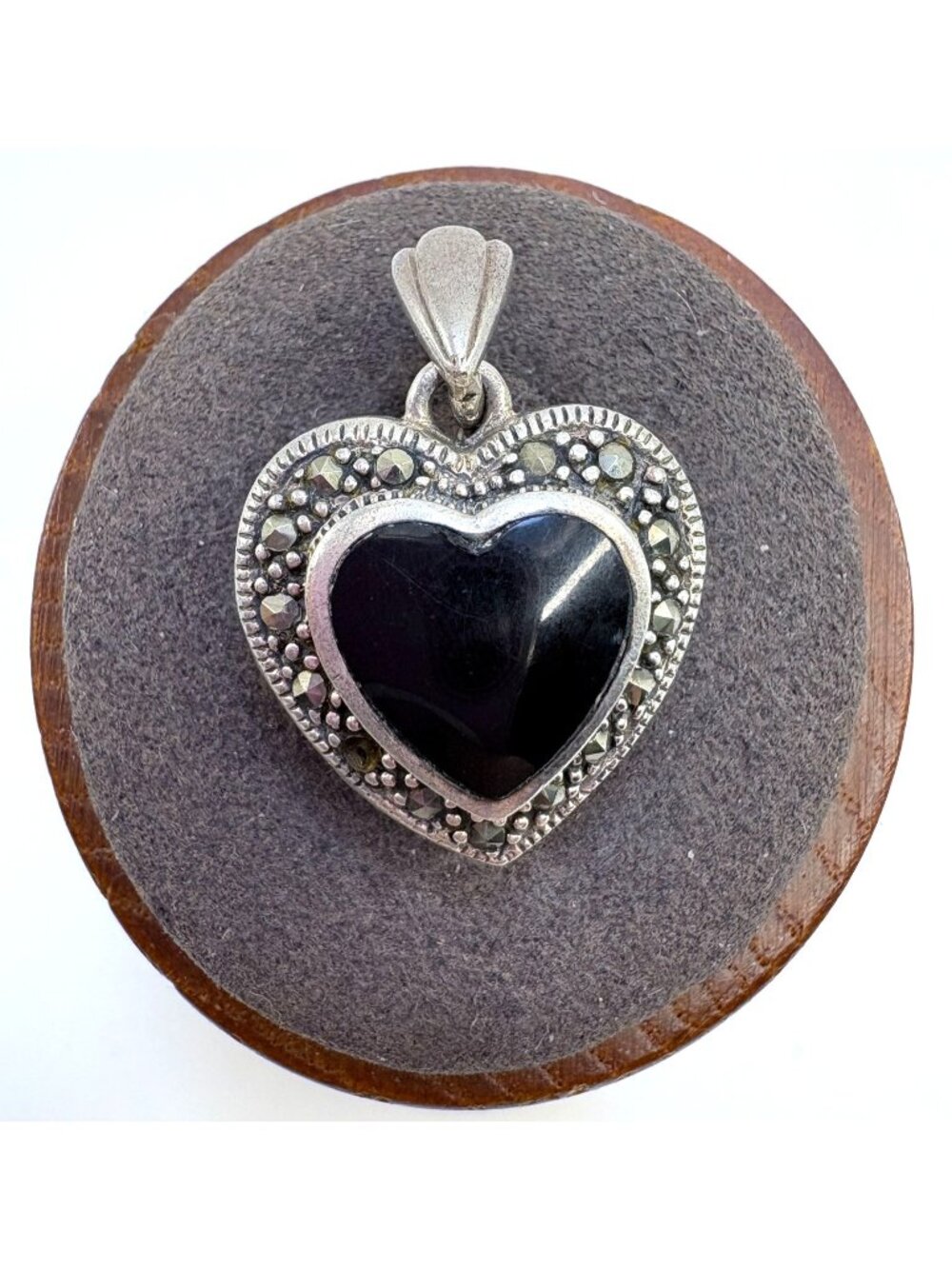 Black Onyx & Marcasite Heart Pendant VTG Sterling Silver 925 Size 1" Length